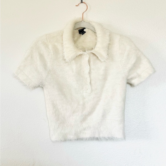 Forever 21 Y2K Fuzzy Sweater Short Sleeve Top White Cream L - Picture 2 of 8
